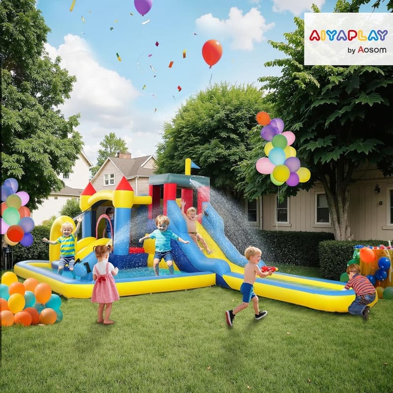 Aufblasbares Wasserpark-Schloss für bis zu 4 Kinder, 6-in-1 Spielspaß