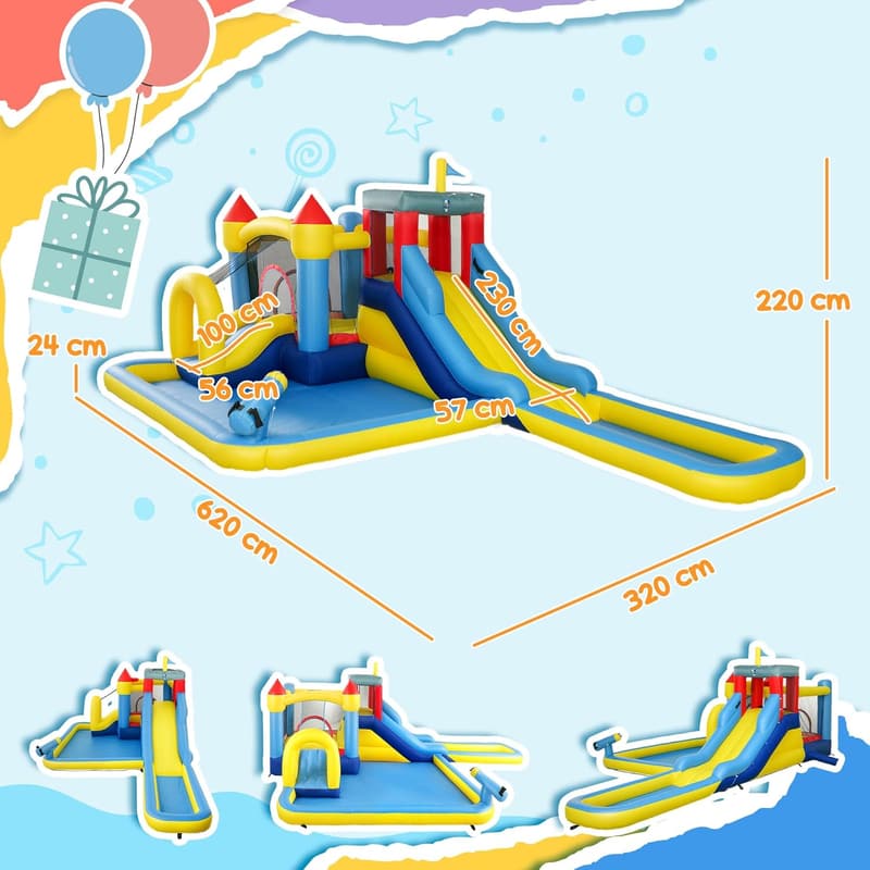 Aufblasbares Wasserpark-Schloss für bis zu 4 Kinder, 6-in-1 Spielspaß