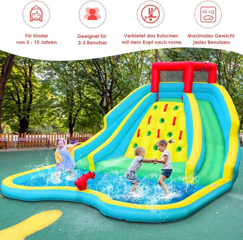 Aufblasbare Hüpfburg mit Wasserrutschen und Kletterwand für Kinder