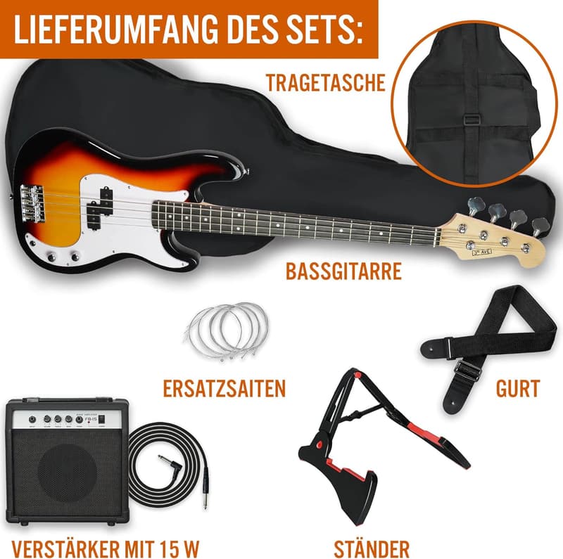Mini E-Bass-Set für Anfänger mit 15 W Verstärker und Zubehör - Schwarz