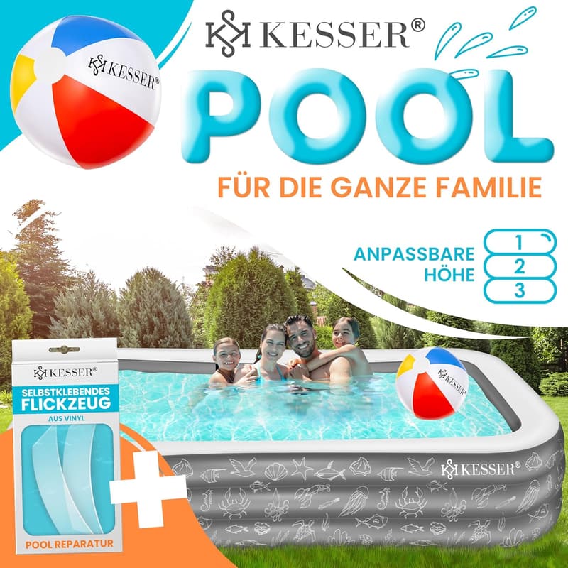 Familienpool für Garten – Aufblasbar, 240x142x56 cm, inkl. Flickzeug & Ball
