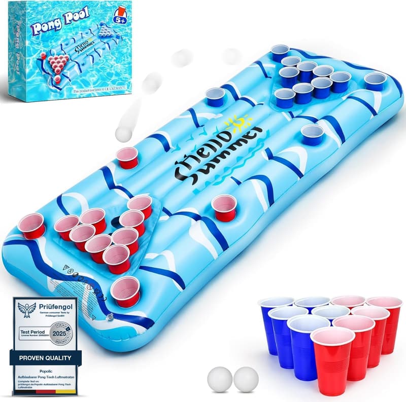 Aufblasbarer Pool Pong Tisch 175 x 75 cm mit 24 Bechern & 2 Bällen