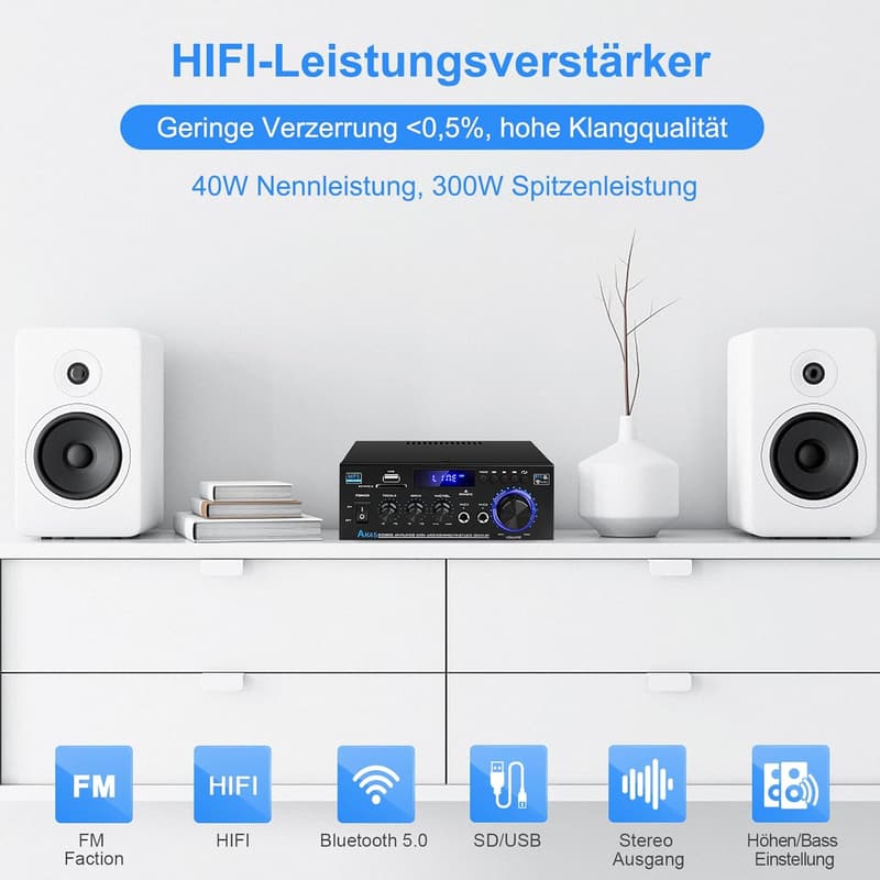 Mini Bluetooth HiFi-Verstärker 400W mit UKW-Radio für Zuhause oder Auto