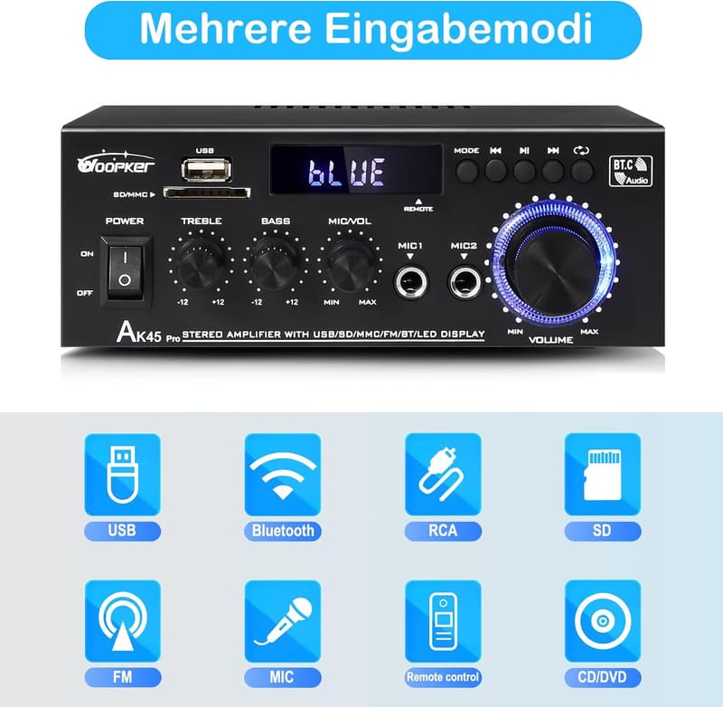 AK45 Pro HiFi Mini Verstärker, 500W, 2 Kanäle, Bluetooth, für Zuhause oder Auto