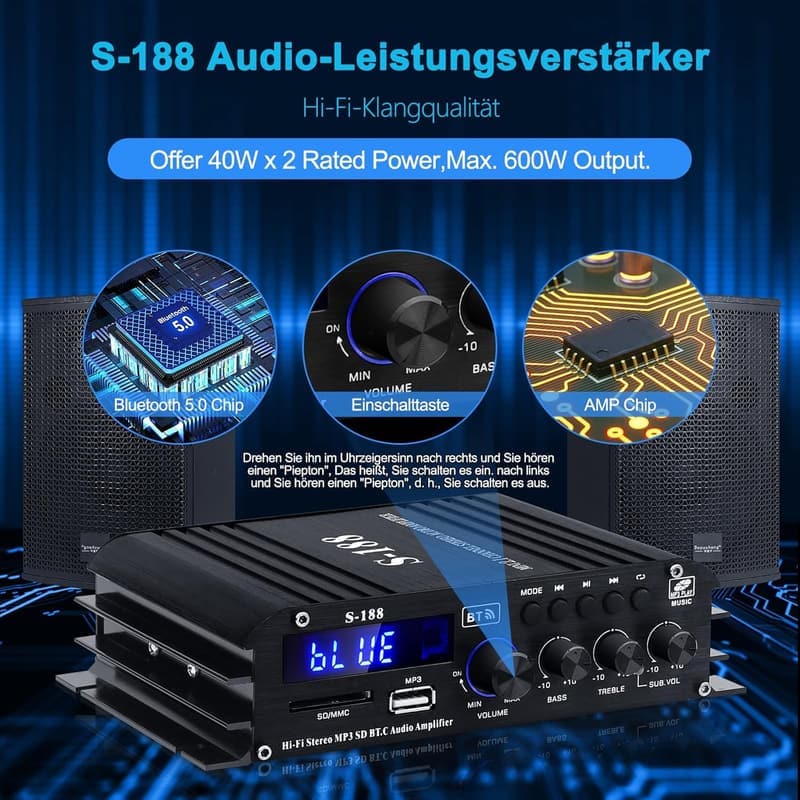Mini HiFi Verstärker S-188 2.1-Kanal Bluetooth 5.0 mit 600W Leistung