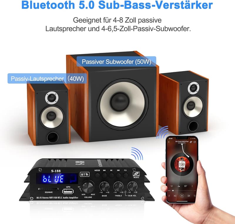 Mini HiFi Verstärker S-188 2.1-Kanal Bluetooth 5.0 mit 600W Leistung