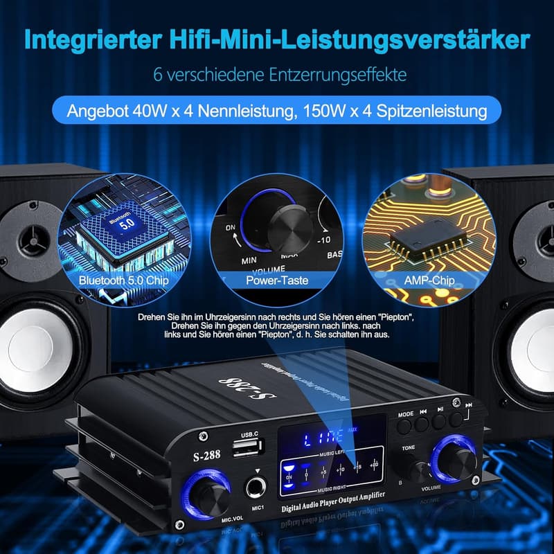 Mini Bluetooth HiFi Verstärker S-288 mit LCD-Display, 600W, 4 Kanäle