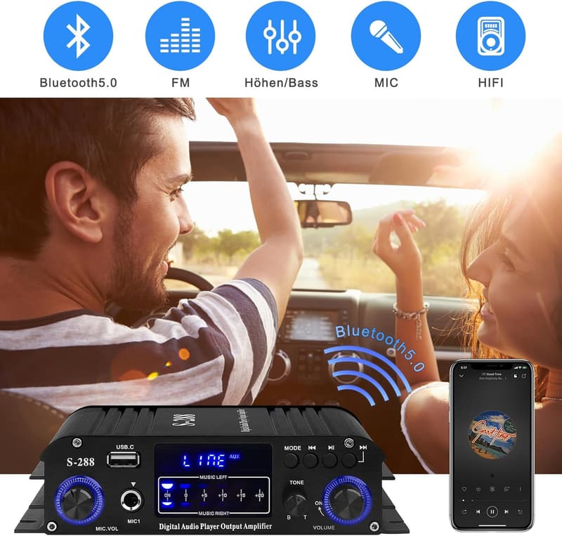 Mini Bluetooth HiFi Verstärker S-288 mit LCD-Display, 600W, 4 Kanäle