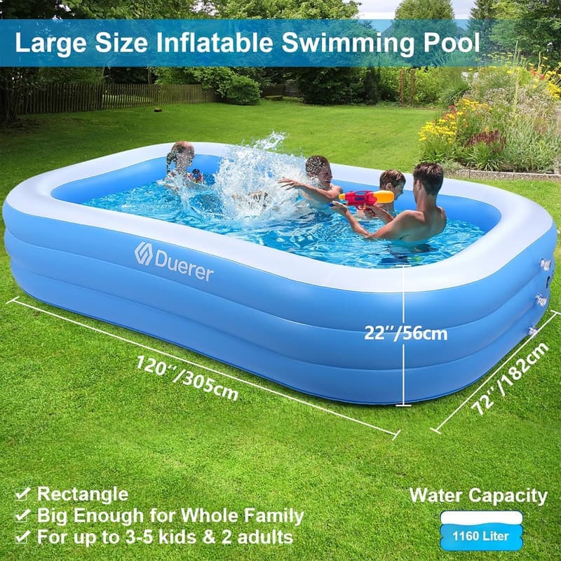 Aufblasbarer Rechteck-Pool für Kinder und Erwachsene, 305 x 182 x 56 cm