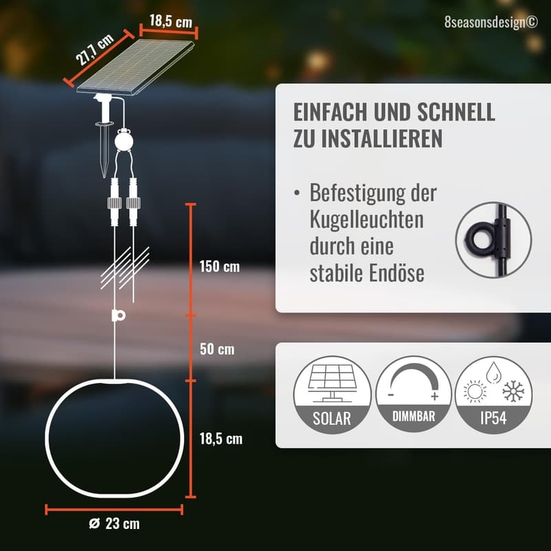 Solarbetriebene dimmbare Hängelampe 23cm - LED warmweiß, inkl. Fernbedienung