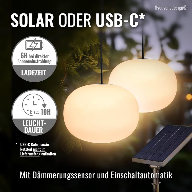 Solarbetriebene dimmbare Hängelampe 23cm - LED warmweiß, inkl. Fernbedienung