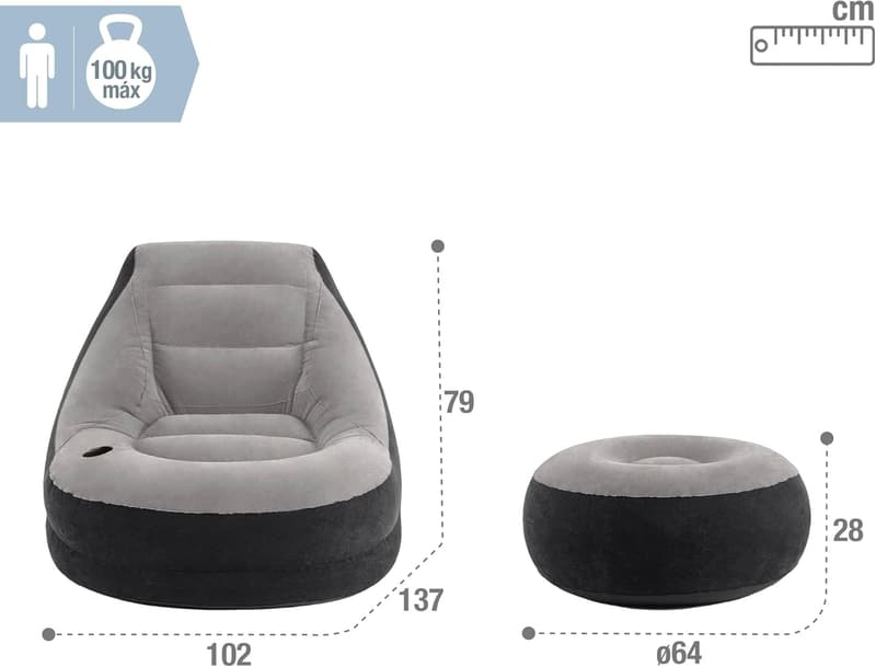 Aufblasbarer Lounge-Sessel aus Vinyl in Grau, 99 x 130 x 76 cm