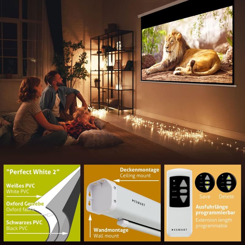 ESMART Motor-Leinwand 187 x 140 cm mit programmierbarer Fernbedienung