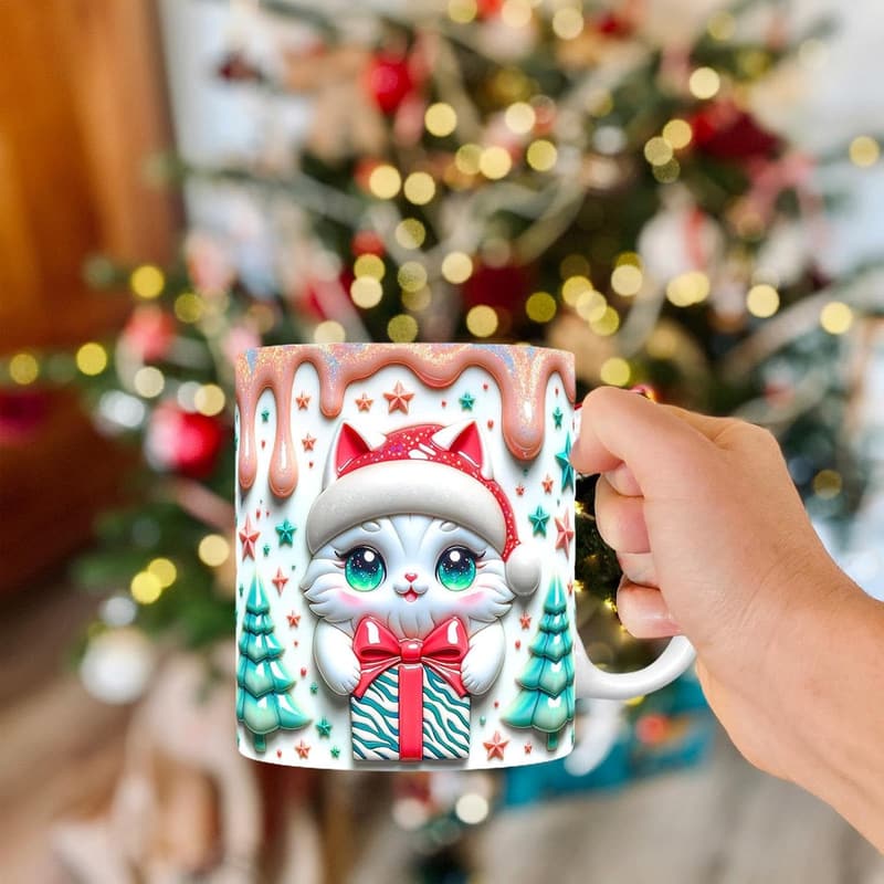 3D-Weihnachtstasse aus Keramik mit kreativen Katzendesign