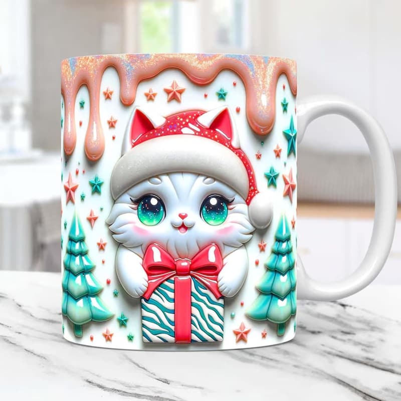 3D-Weihnachtstasse aus Keramik mit kreativen Katzendesign
