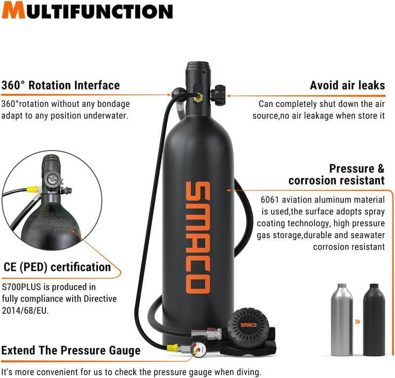 SMACO Mini Tauchflasche 2L – Tragbarer Sauerstofftank für bis zu 30 Minuten Tauchen