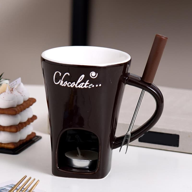 Schokoladenfondue Set mit Teelicht und Fonduegabeln, spülmaschinenfest