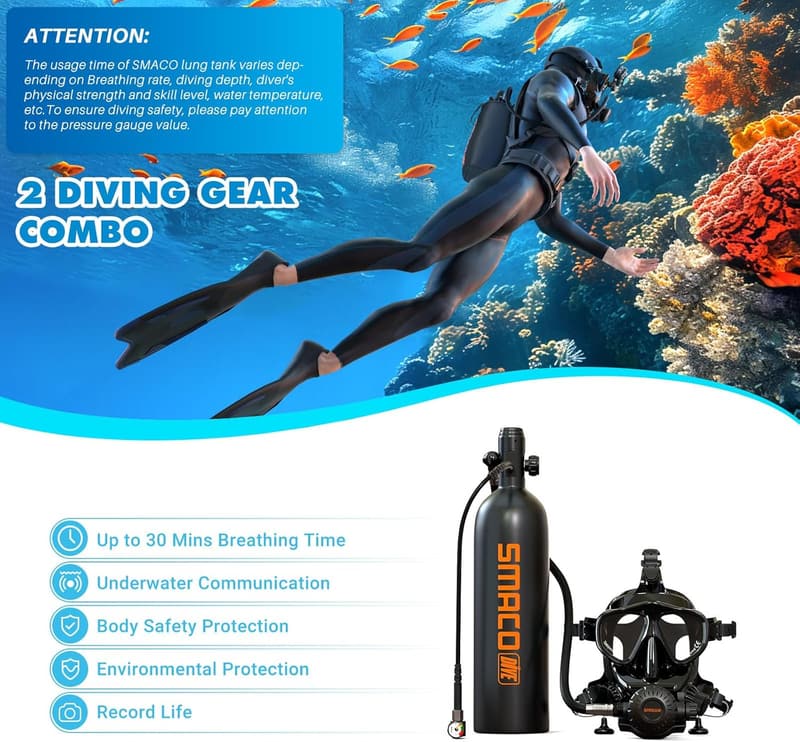 SMACO S700 Plus Mini Tauchflasche 2L mit Vollgesichtsmaske, 25-30 Min. Tauchzeit