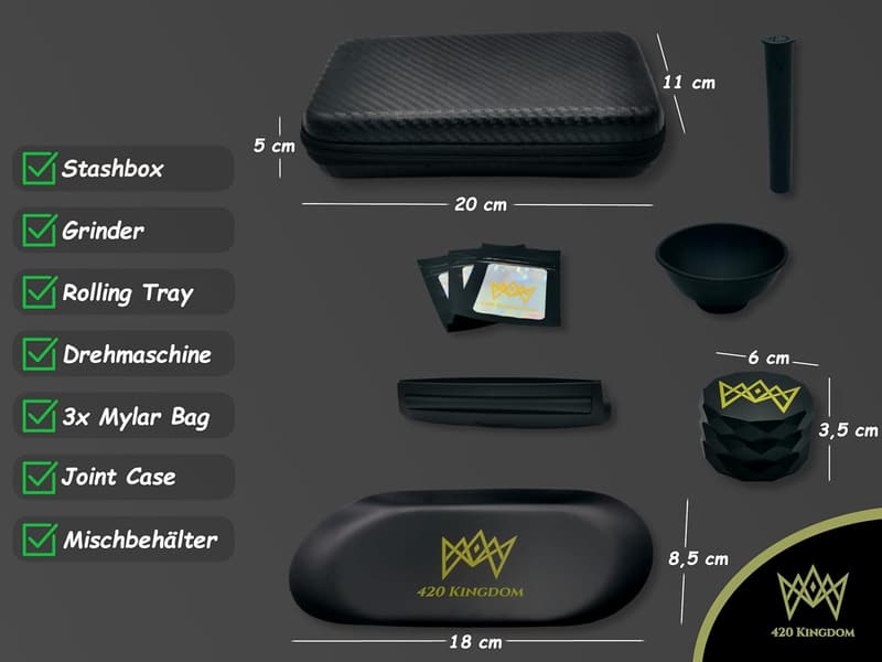 Geschenkset: 420 Kingdom Stash Box mit Grinder und Rolling Tray