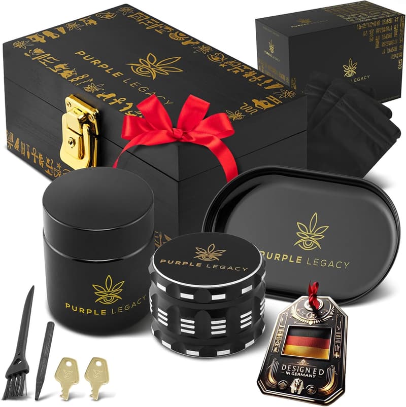 Geschenkset für Männer: Abschließbare Bambus Aufbewahrungsbox mit Grinder und Zubehör