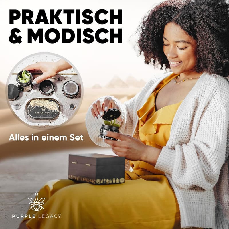 Geschenkset für Männer: Abschließbare Bambus Aufbewahrungsbox mit Grinder und Zubehör