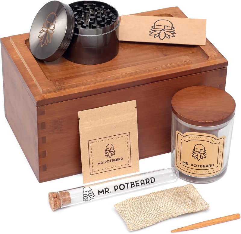 Bambus Stash Box Set für getrocknete Kräuter mit Grinder und 2 luftdichten Behältern