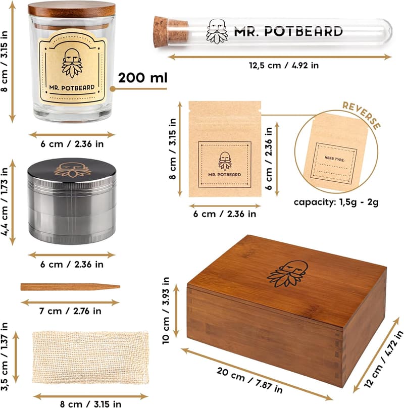 Bambus Stash Box Set für getrocknete Kräuter mit Grinder und 2 luftdichten Behältern