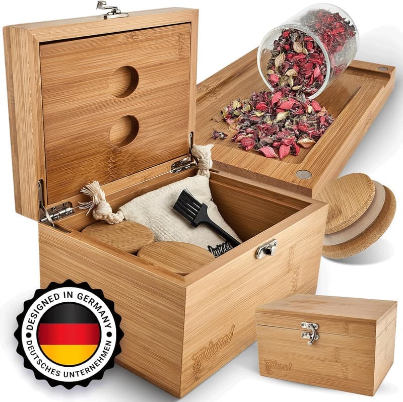 Bambus Aufbewahrungsbox mit Rolling Tray – 19x14x11 cm
