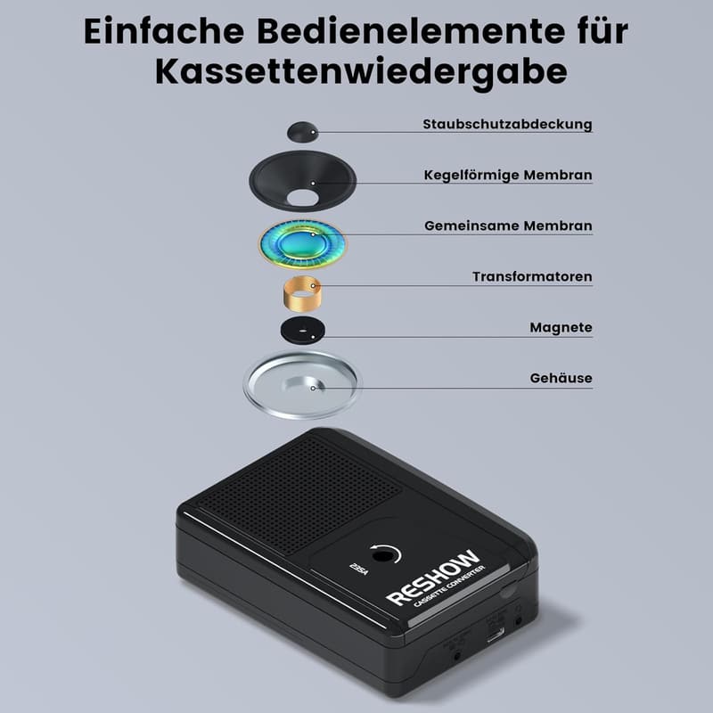 Tragbarer Kassettenspieler mit USB-zu-MP3-Konverter - schwarz