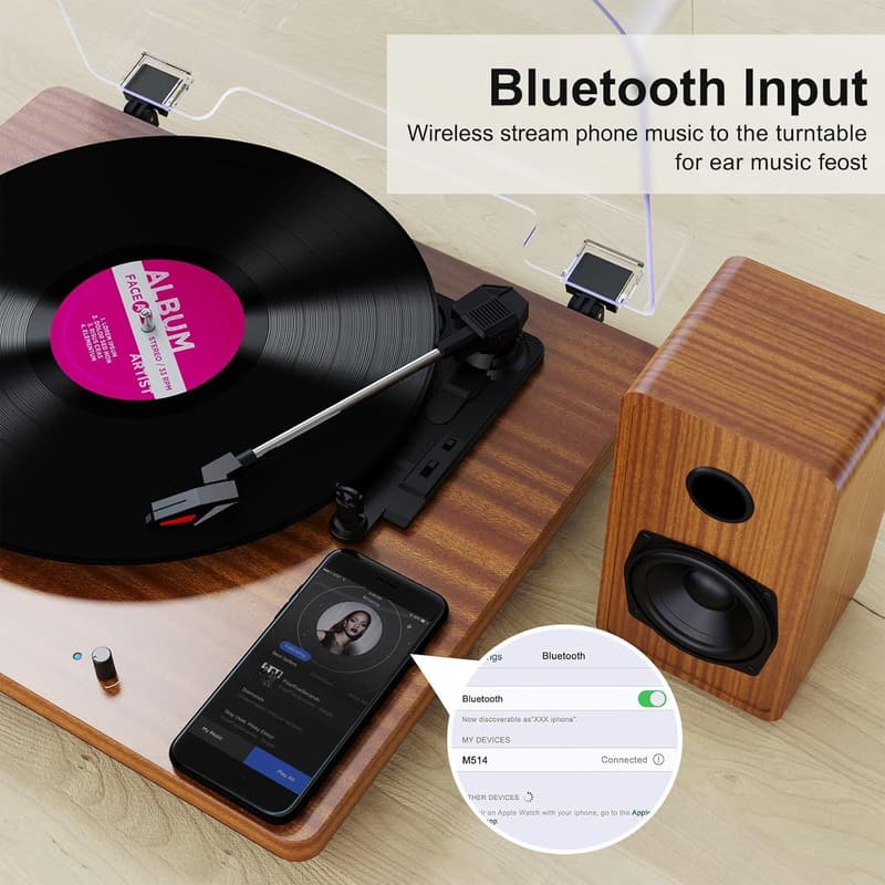 Bluetooth Vinyl-Plattenspieler mit USB und RCA-Ausgang in Holzoptik