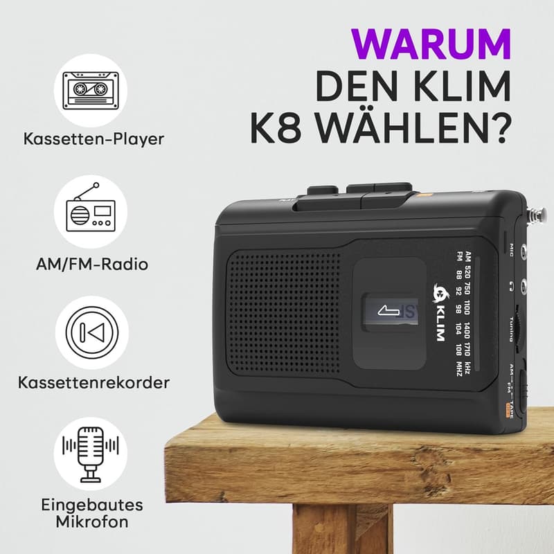 KLIM K8 Kassettenspieler mit Mikrofon und Lautsprecher - Neu