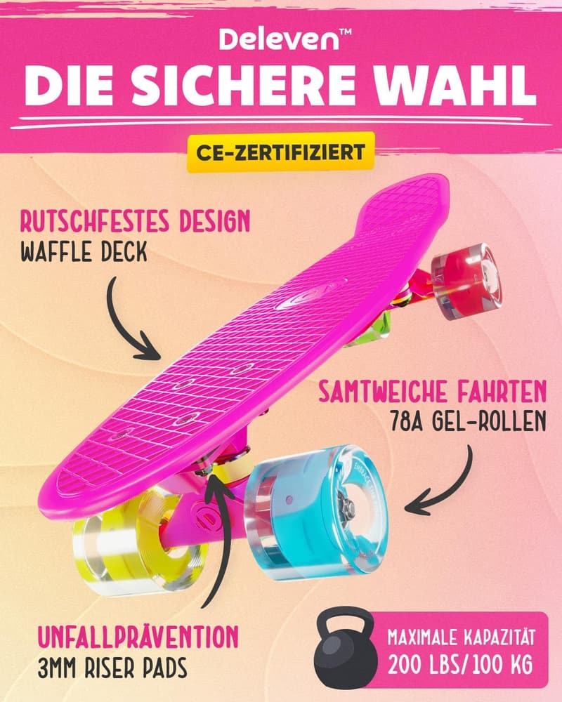 Deleven Skateboard mit LED-Rollen für Kinder und Anfänger, 56 cm