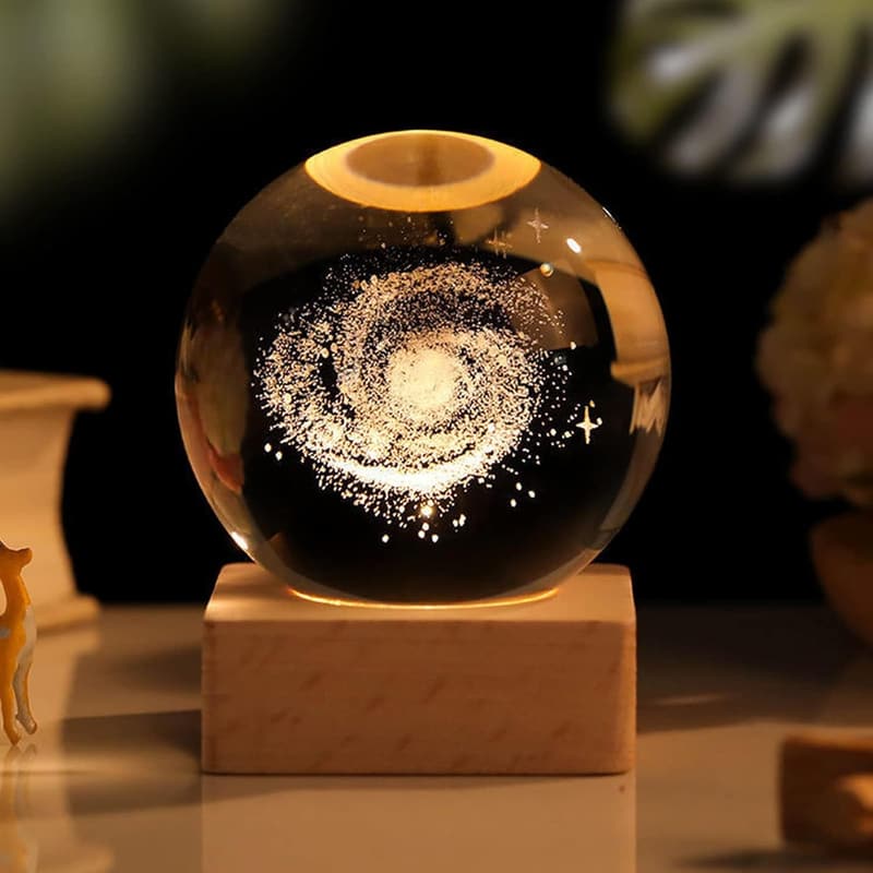 3D Sonnensystem Kristallkugel Nachtlicht mit Holzsockel