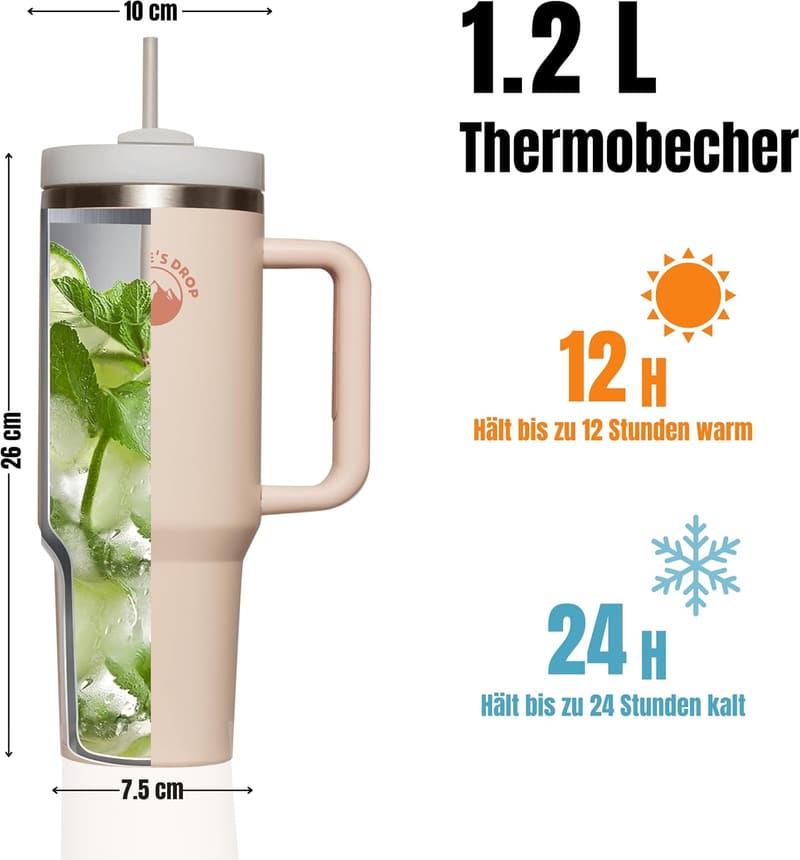Thermobecher mit Henkel und Strohhalm, 1180ml, Beige