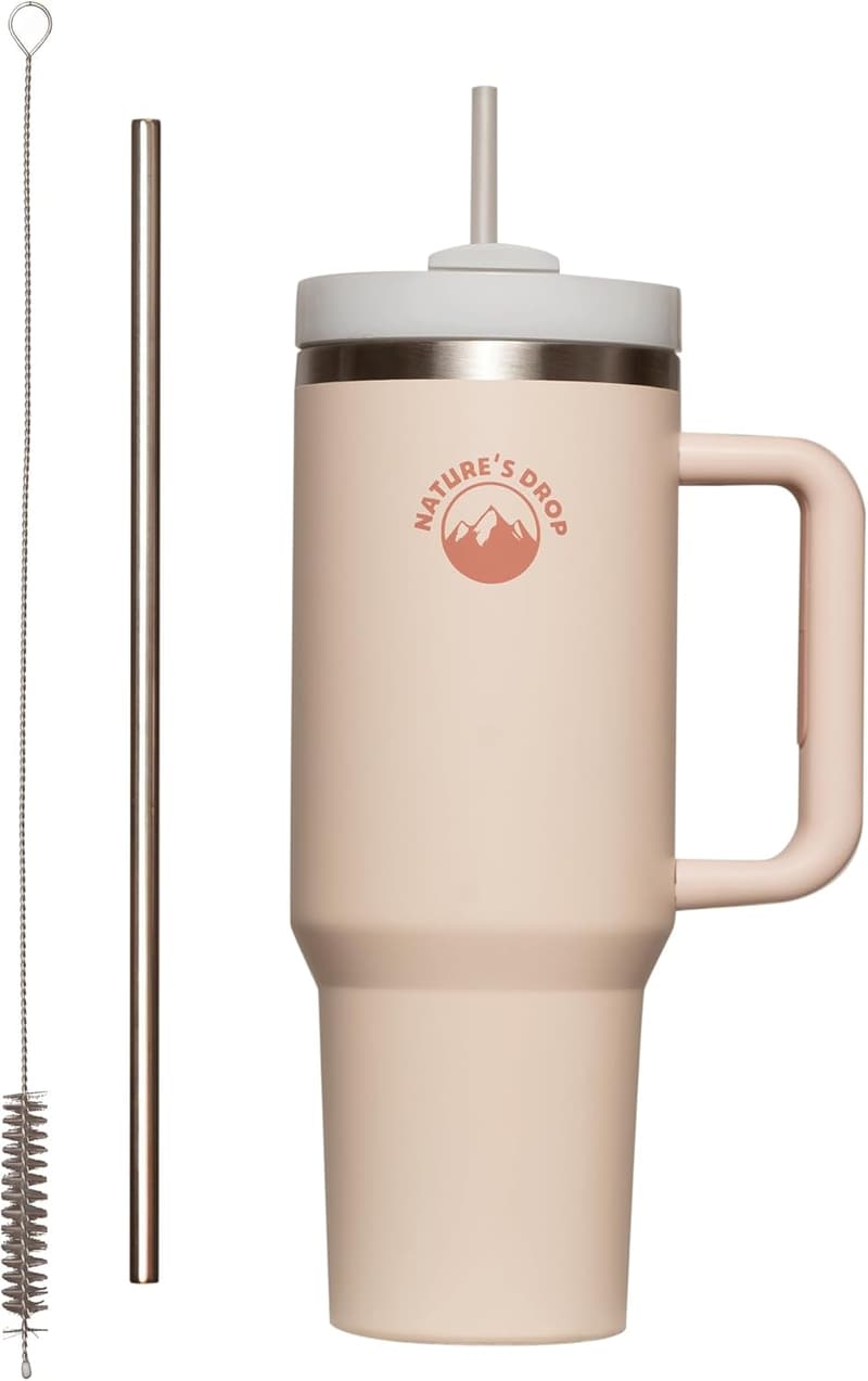 Thermobecher mit Henkel und Strohhalm, 1180ml, Beige