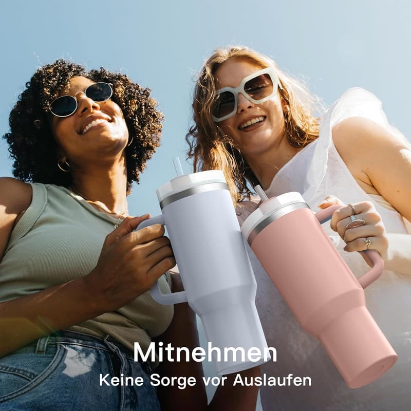 Thermobecher 40 oz Edelstahl mit 2 Strohhalmen und Deckeln, BPA-frei