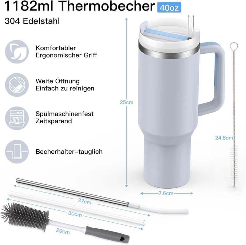 Thermobecher 40 oz Edelstahl mit 2 Strohhalmen und Deckeln, BPA-frei