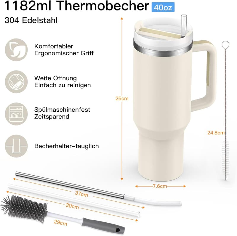 Thermobecher 40oz Edelstahl mit 2 Strohhalmen, BPA-frei, spülmaschinenfest