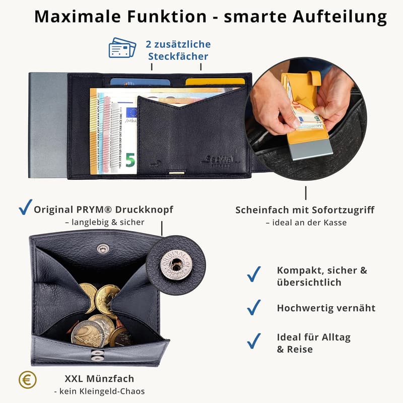 Kartenetui Blau mit XXL Münzfach und RFID Schutz für Paare