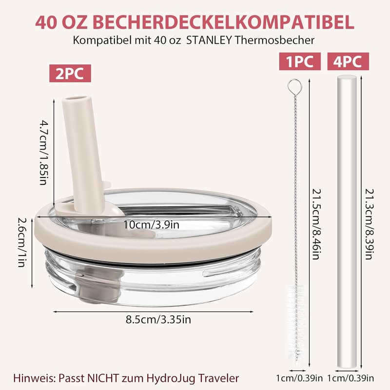 Ersatzdeckel für 40oz Stanley Cup - Auslaufsicher mit Strohhalmen