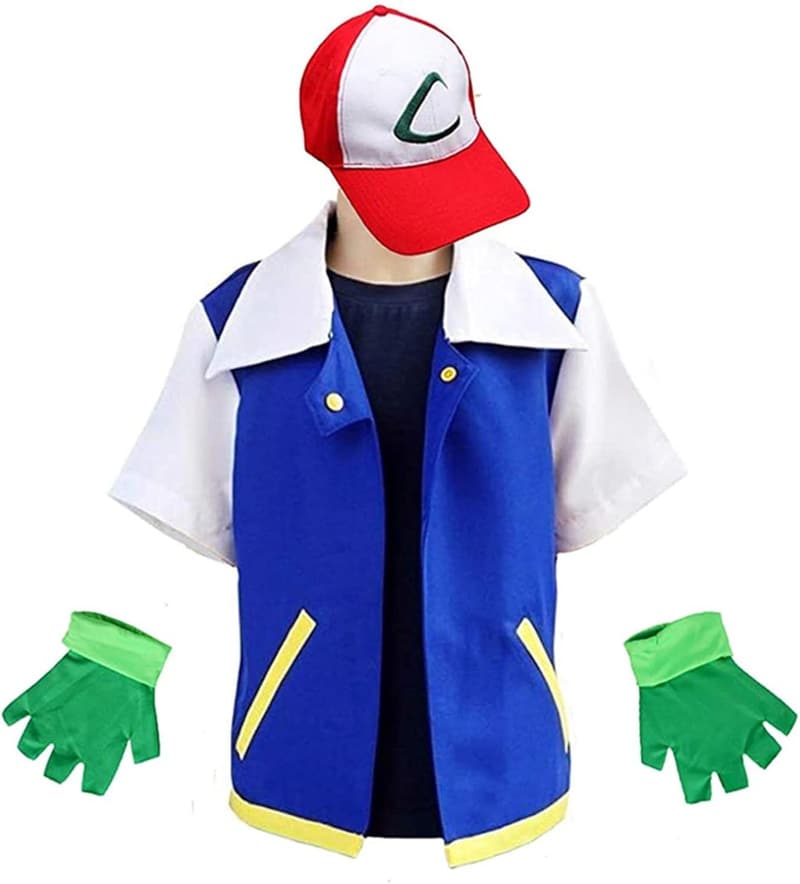 Ash Ketchum Cosplay Jacke für Männer und Frauen mit Mütze und Handschuhen