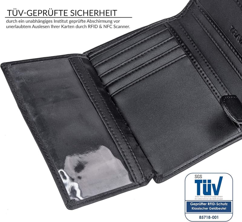 TRAVANDO Herren Geldbörse Dublin - RFID-sicher, 13 Kartenfächer, Schwarz