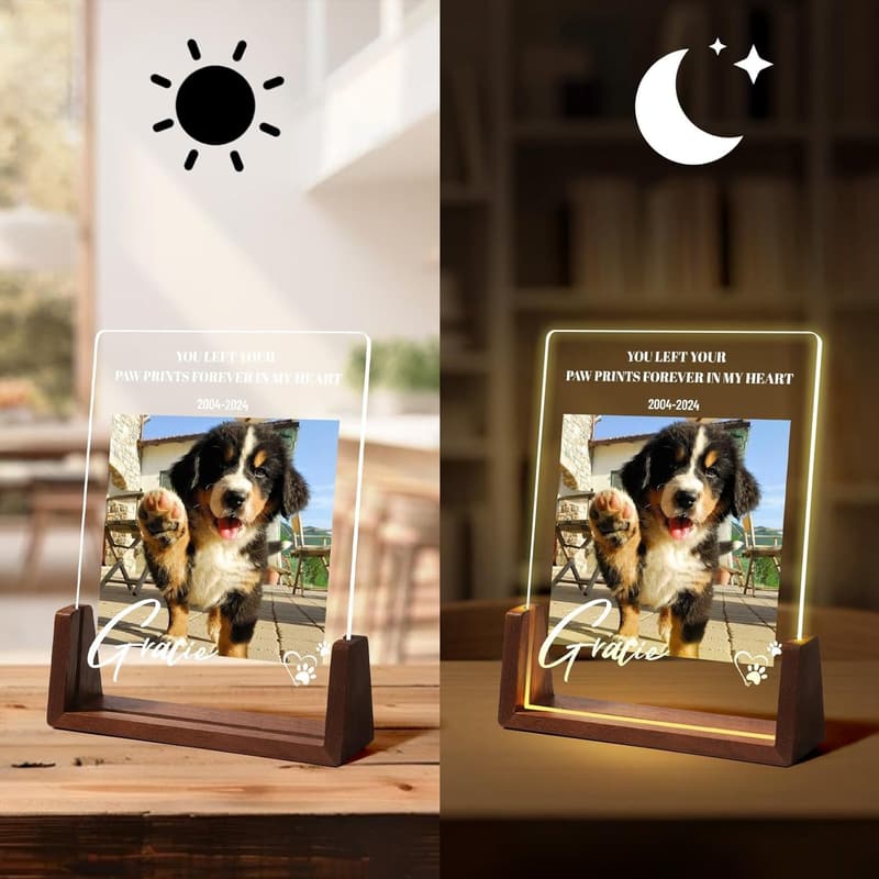 Personalisierte LED-Acryl-Gedenktafel für Haustiere mit Foto