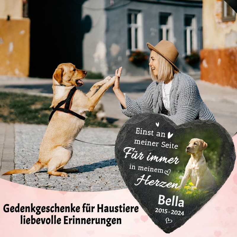 Personalisierter Gedenkstein für Haustiere – herzförmige Plakette mit Foto