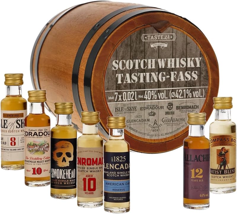 Whisky Tasting Set aus Echtholz mit 7 Mini-Whiskys á 20 ml