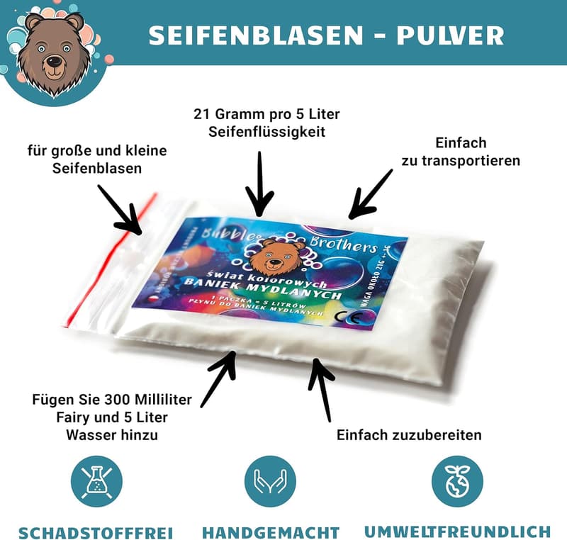 Riesenseifenblasen Pulver für 20 Liter - Große, haltbare Seifenblasen