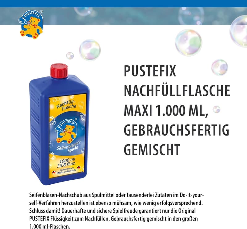 Seifenblasen Nachfüllflasche 1L - Bunte Blasen für Kinder und Erwachsene