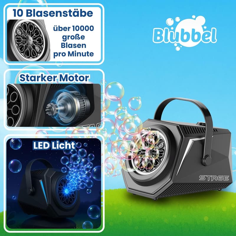 Blubbel LED Seifenblasenmaschine mit 4x90ml Flüssigkeit – Hochzeitsgeschenk für Kinder