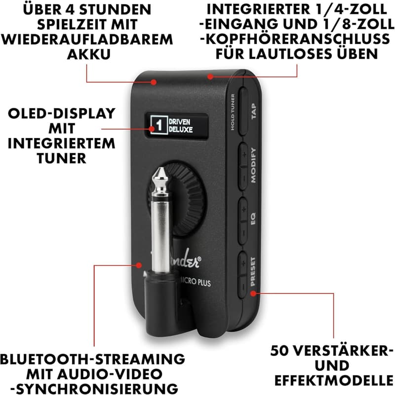 Fender Mustang Micro Plus – Persönlicher Kopfhörer-Gitarrenverstärker mit 25 Modellen & Effekten