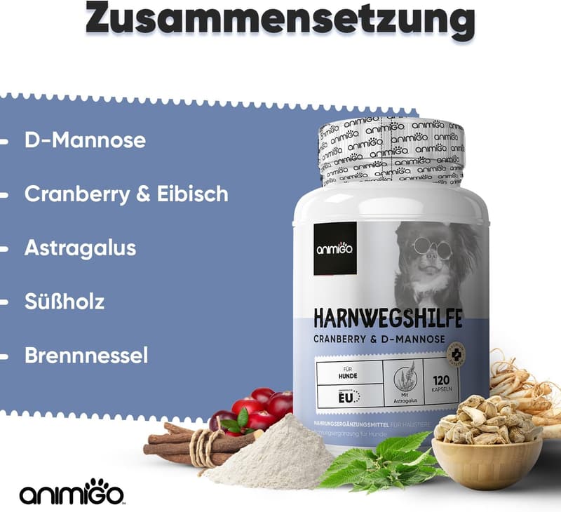 Harnwegshilfe für Hunde - 120 Kapseln mit Cranberry & D-Mannose